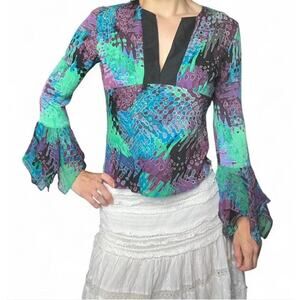 Vintage 80s Diane Von Furstenberg Silk Multicolored Fairy Top Bell Sleeves Sz 8